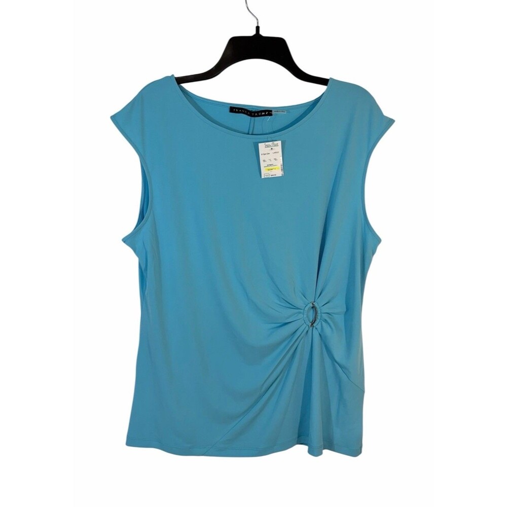 NEW Ivanka Trump Womens L Top Blue Sleeveless Gathered Accent Blouse Shirt